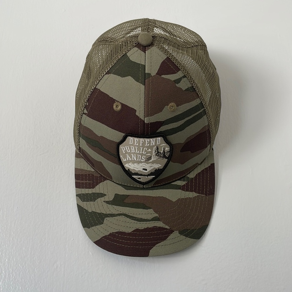 Patagonia, defend your public lands hat. Low pro trucker hat